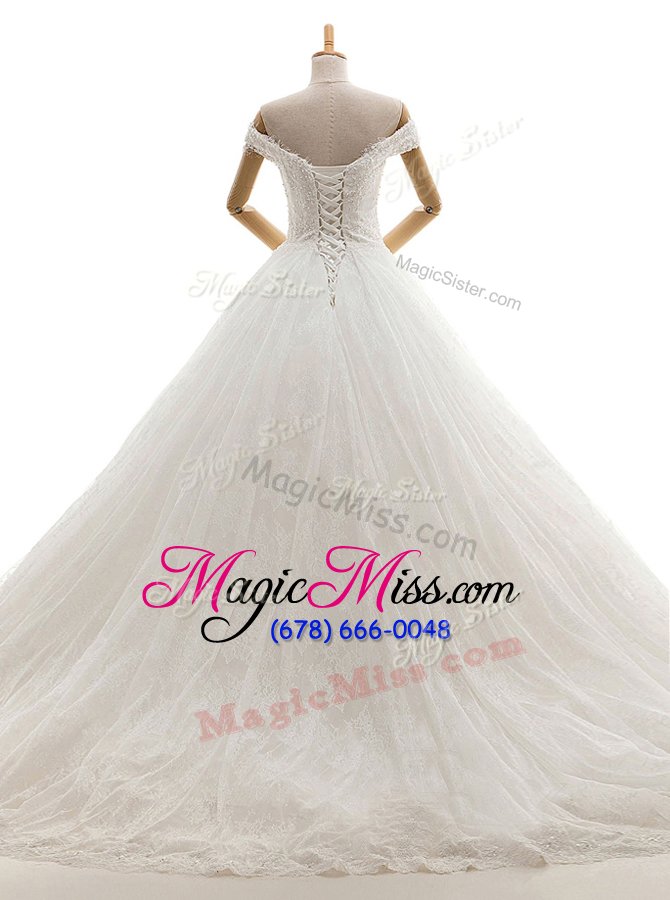 wholesale luxury off the shoulder white a-line lace and appliques wedding gowns lace up tulle sleeveless with train
