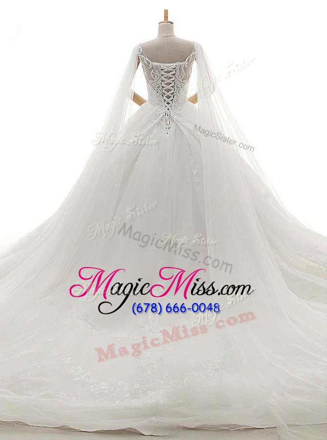 wholesale customized v-neck sleeveless tulle wedding dress lace chapel train lace up