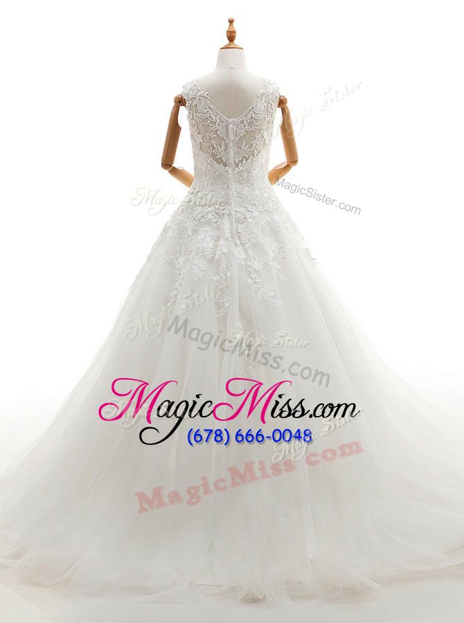 wholesale delicate v-neck sleeveless bridal gown with brush train appliques white tulle