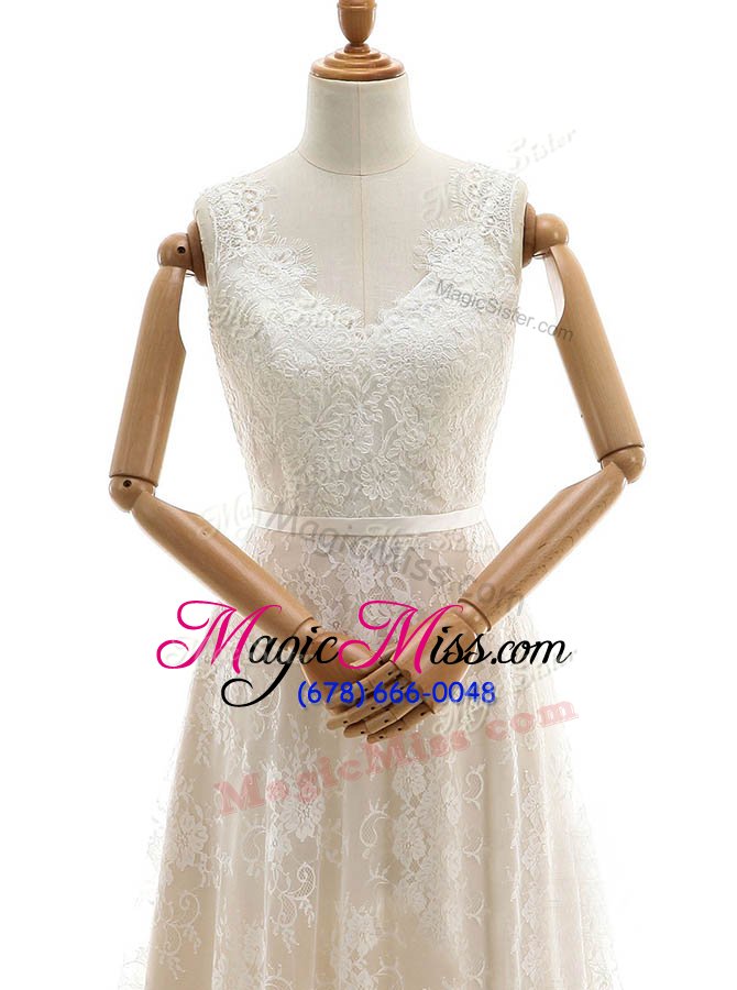 wholesale pretty champagne sleeveless lace chapel train zipper wedding gown for wedding party