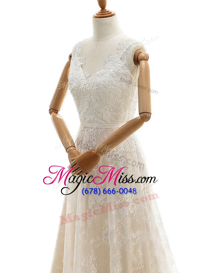 wholesale pretty champagne sleeveless lace chapel train zipper wedding gown for wedding party