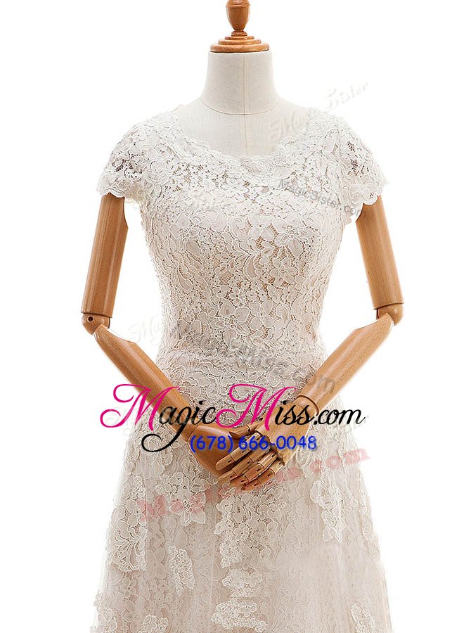 wholesale pretty scoop champagne column/sheath appliques wedding gown clasp handle lace cap sleeves with train