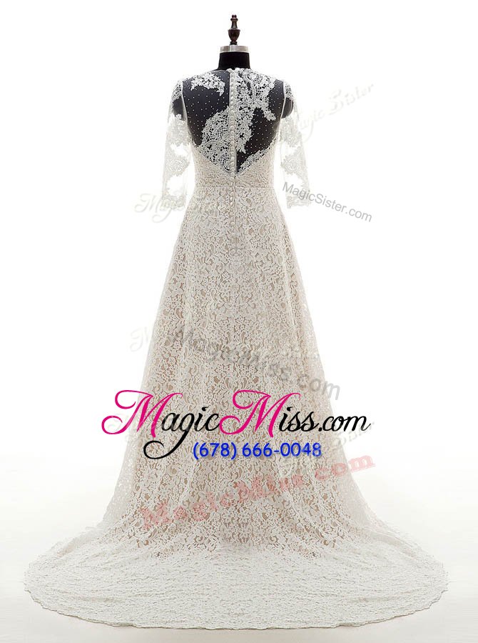 wholesale colorful scoop champagne 3|4 length sleeve court train lace with train wedding gowns