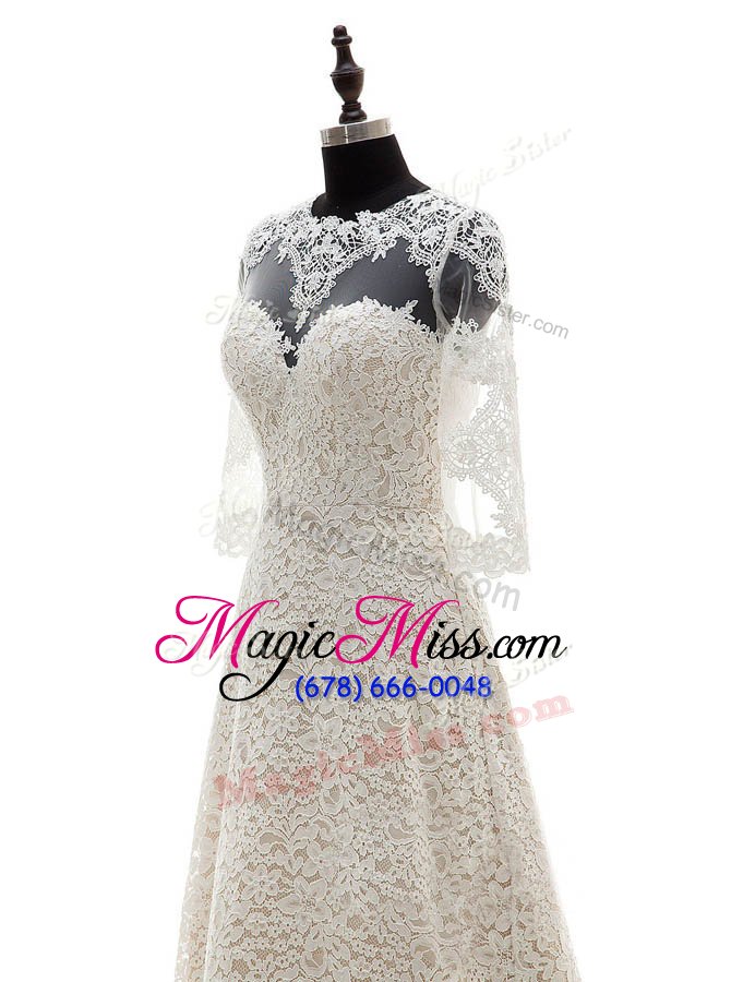 wholesale colorful scoop champagne 3|4 length sleeve court train lace with train wedding gowns