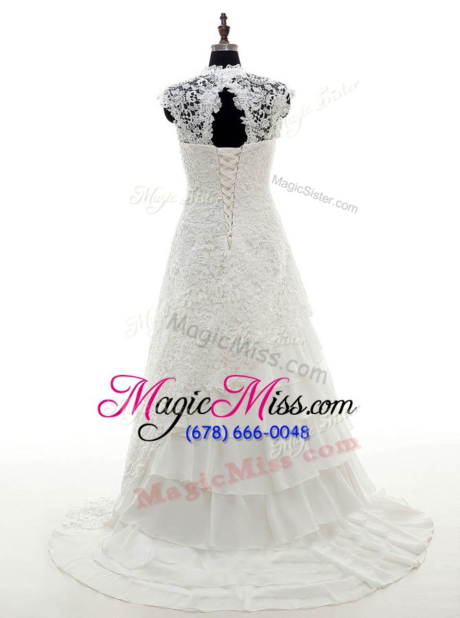 wholesale excellent sweetheart cap sleeves wedding gowns with brush train lace and ruffled layers white lace