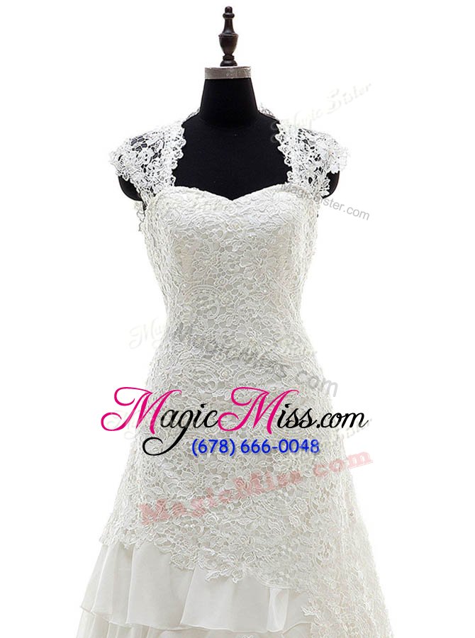 wholesale excellent sweetheart cap sleeves wedding gowns with brush train lace and ruffled layers white lace