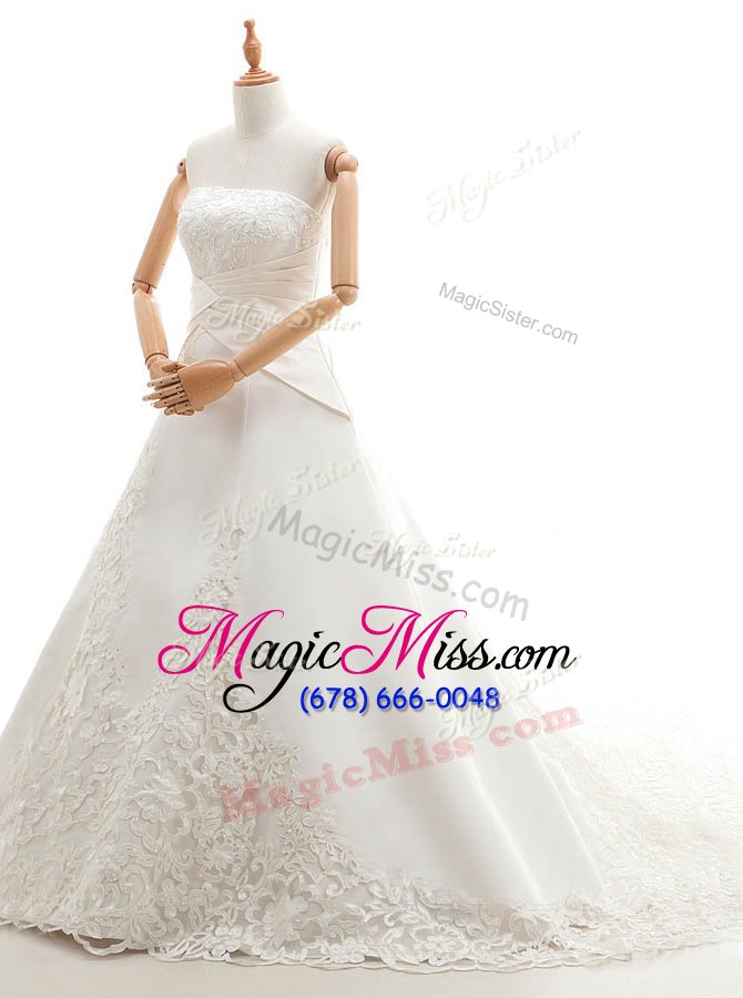 wholesale admirable satin and lace strapless sleeveless chapel train lace up lace wedding dress in white