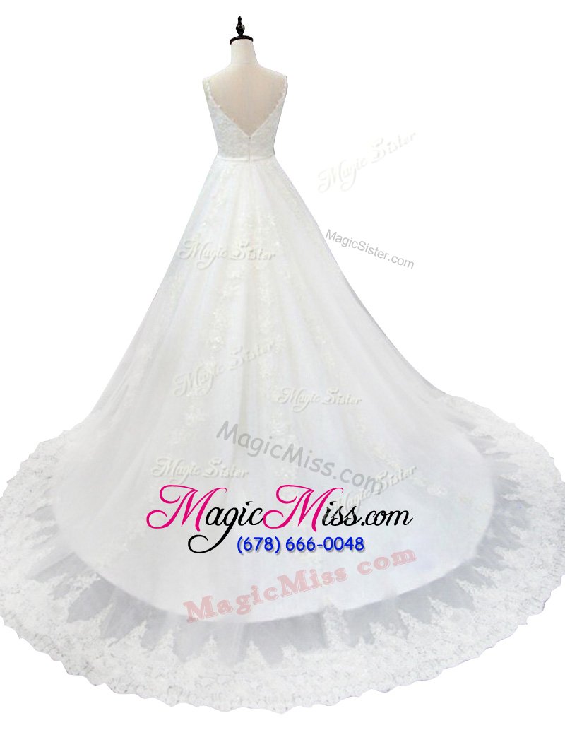wholesale pretty tulle straps sleeveless chapel train zipper appliques bridal gown in white