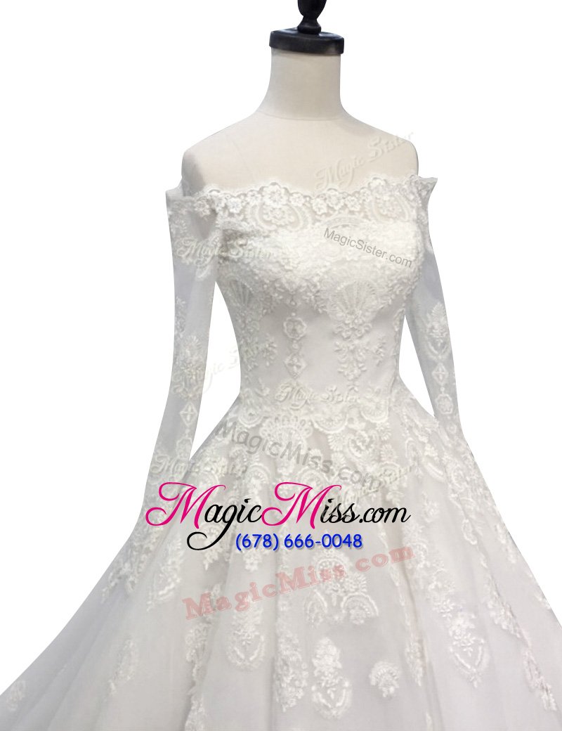 wholesale off the shoulder with train a-line long sleeves white wedding dresses chapel train zipper