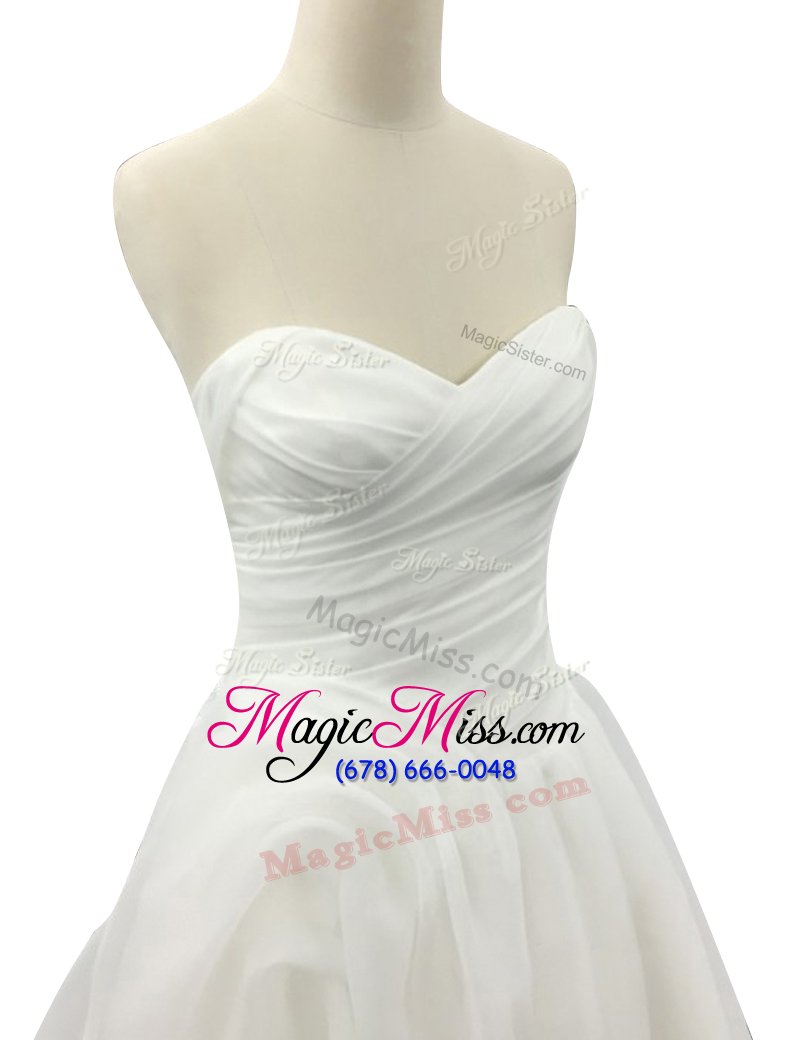 wholesale hot sale white zipper sweetheart ruching wedding gowns organza sleeveless brush train