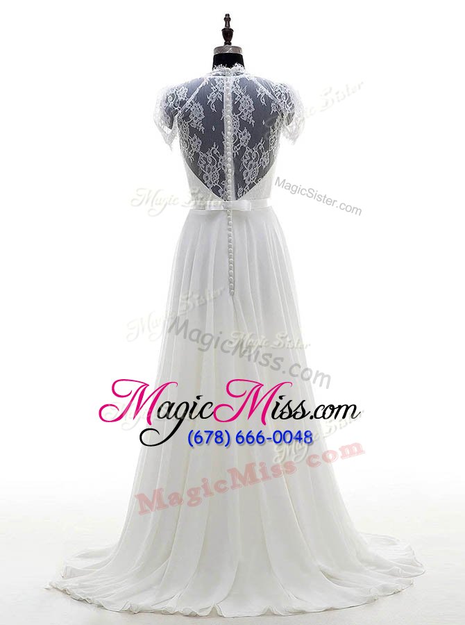 wholesale smart white v-neck neckline lace bridal gown short sleeves clasp handle