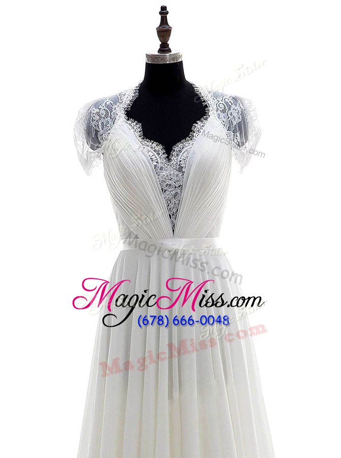 wholesale smart white v-neck neckline lace bridal gown short sleeves clasp handle