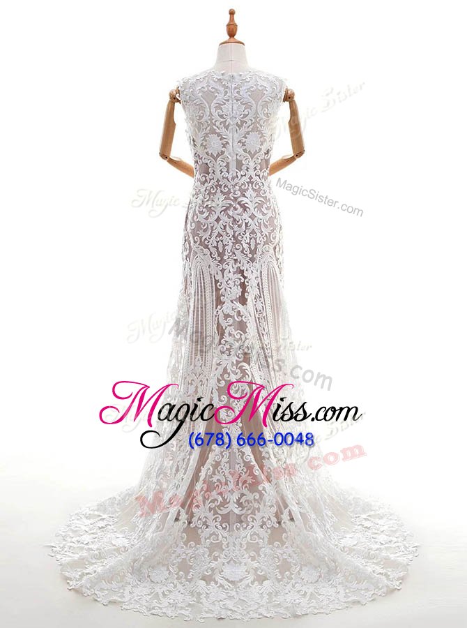 wholesale hot sale scalloped white sleeveless lace brush train zipper wedding dress for wedding party