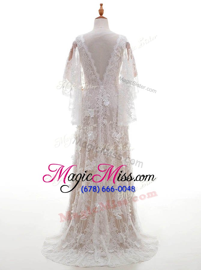 wholesale customized lace half sleeves brush train side zipper with train appliques wedding dress