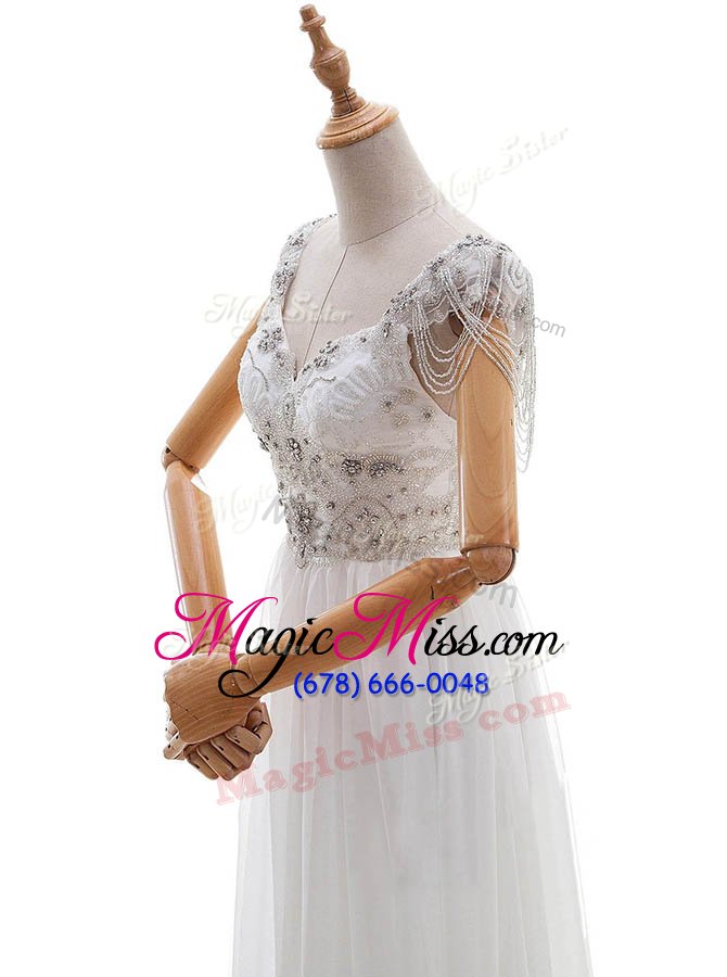 wholesale adorable white side zipper v-neck beading and bowknot wedding dress chiffon cap sleeves chapel train