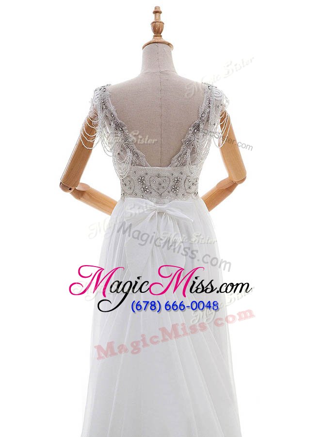 wholesale adorable white side zipper v-neck beading and bowknot wedding dress chiffon cap sleeves chapel train