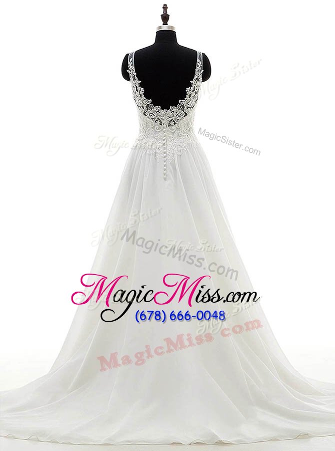 wholesale scoop lace wedding gown white clasp handle sleeveless with brush train