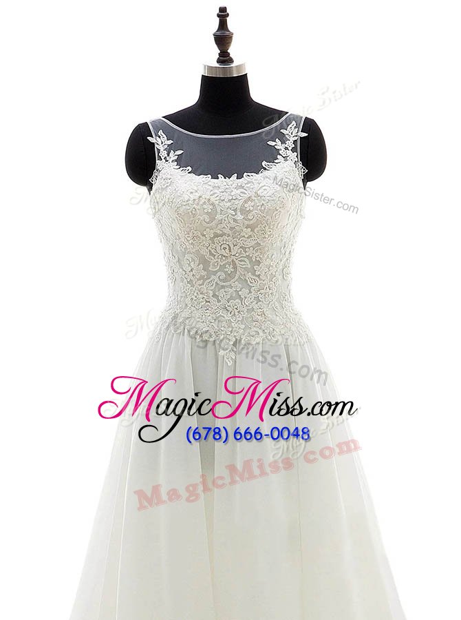 wholesale scoop lace wedding gown white clasp handle sleeveless with brush train