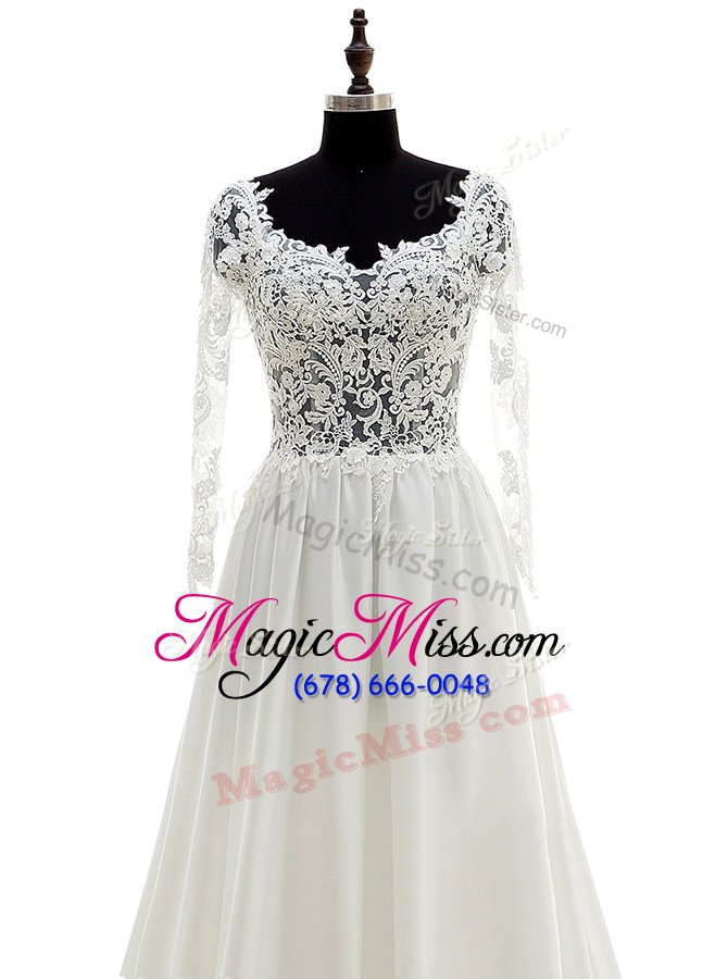 wholesale low price scoop long sleeves with train lace backless wedding dress with white brush train