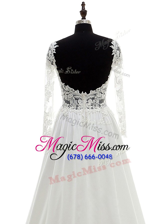 wholesale low price scoop long sleeves with train lace backless wedding dress with white brush train
