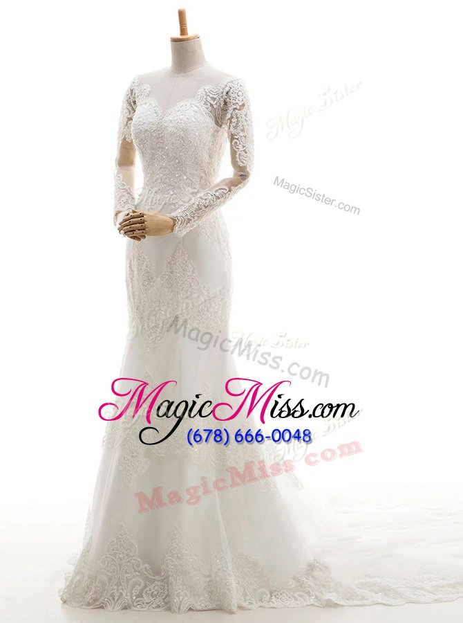 wholesale dramatic mermaid white v-neck clasp handle lace and appliques wedding gown brush train long sleeves