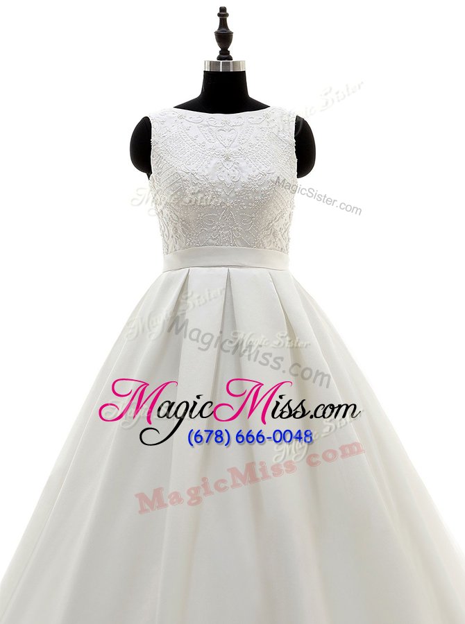 wholesale designer scoop white sleeveless brush train lace and appliques and bowknot with train wedding dresses