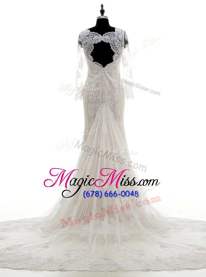 wholesale colorful white column/sheath lace v-neck 3|4 length sleeve lace and appliques with train clasp handle wedding gown court train