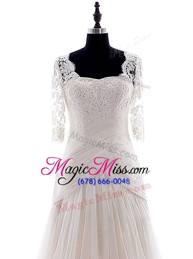 wholesale chic white tulle zipper square half sleeves with train wedding gown brush train lace