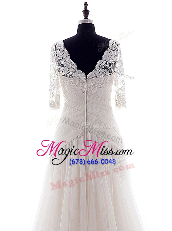 wholesale chic white tulle zipper square half sleeves with train wedding gown brush train lace
