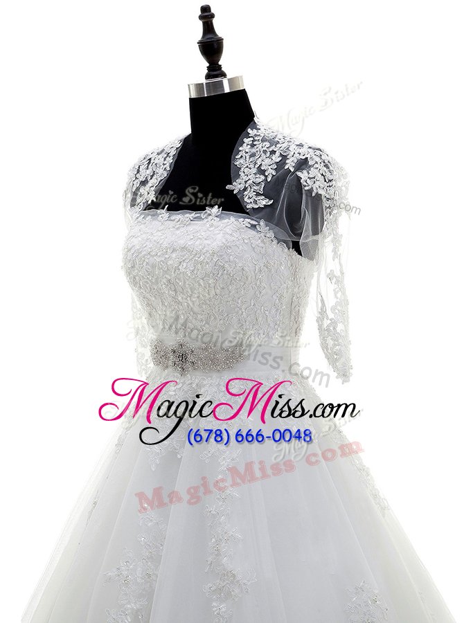 wholesale captivating white ball gowns beading and lace and appliques wedding gowns lace up tulle sleeveless with train