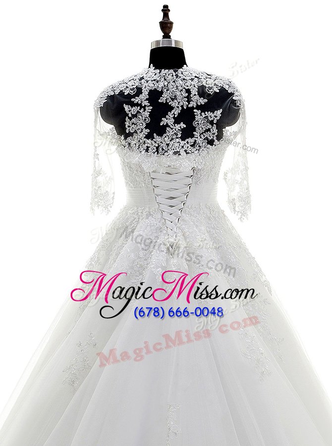 wholesale captivating white ball gowns beading and lace and appliques wedding gowns lace up tulle sleeveless with train