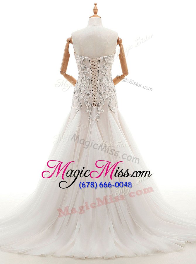 wholesale beautiful white lace up sweetheart beading wedding gowns tulle sleeveless brush train
