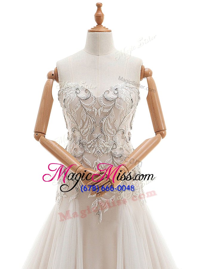 wholesale beautiful white lace up sweetheart beading wedding gowns tulle sleeveless brush train