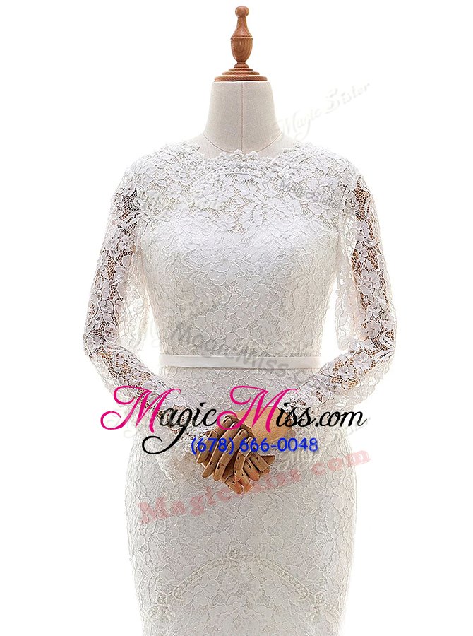 wholesale trendy mermaid scalloped white long sleeves brush train lace with train bridal gown