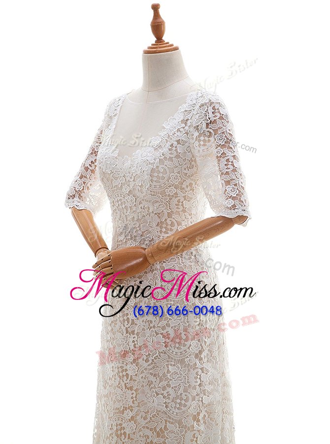 wholesale superior white clasp handle scoop lace wedding gown lace half sleeves brush train
