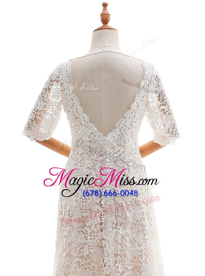wholesale superior white clasp handle scoop lace wedding gown lace half sleeves brush train