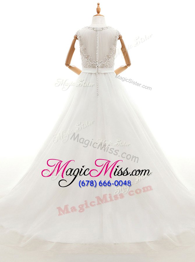 wholesale enchanting white wedding dresses wedding party and for with beading and lace scoop sleeveless brush train clasp handle