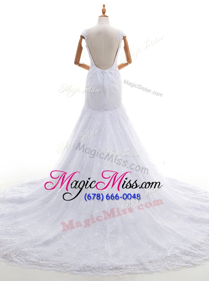 wholesale nice mermaid white sleeveless lace brush train backless wedding gowns for wedding party