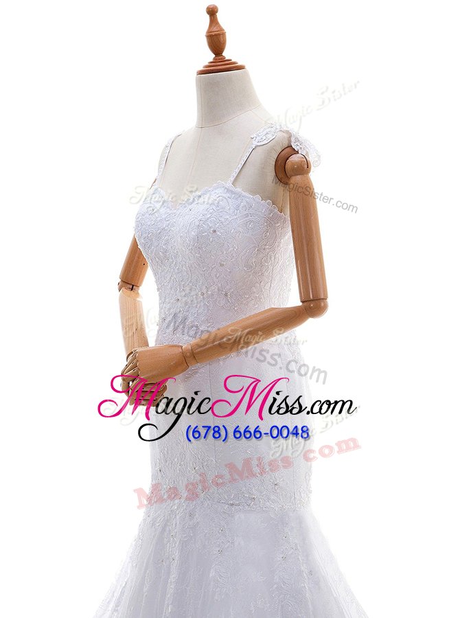 wholesale nice mermaid white sleeveless lace brush train backless wedding gowns for wedding party