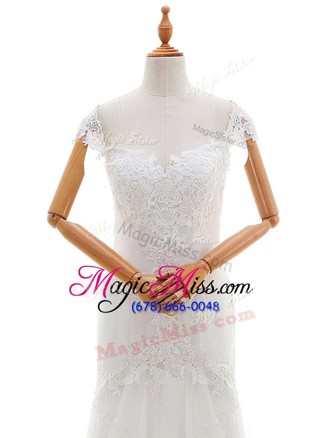 wholesale best selling white lace lace up v-neck cap sleeves floor length wedding gowns lace and appliques
