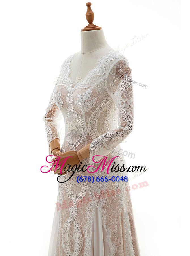 wholesale chic v-neck long sleeves wedding dresses with brush train lace white lace