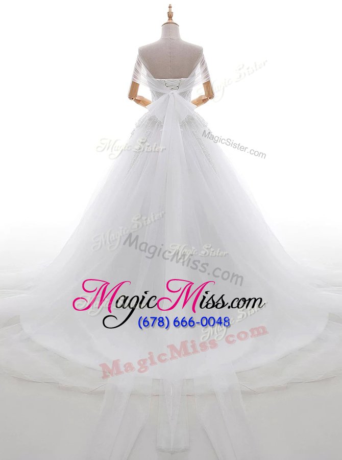 wholesale white lace up wedding gowns lace and bowknot cap sleeves with train court train