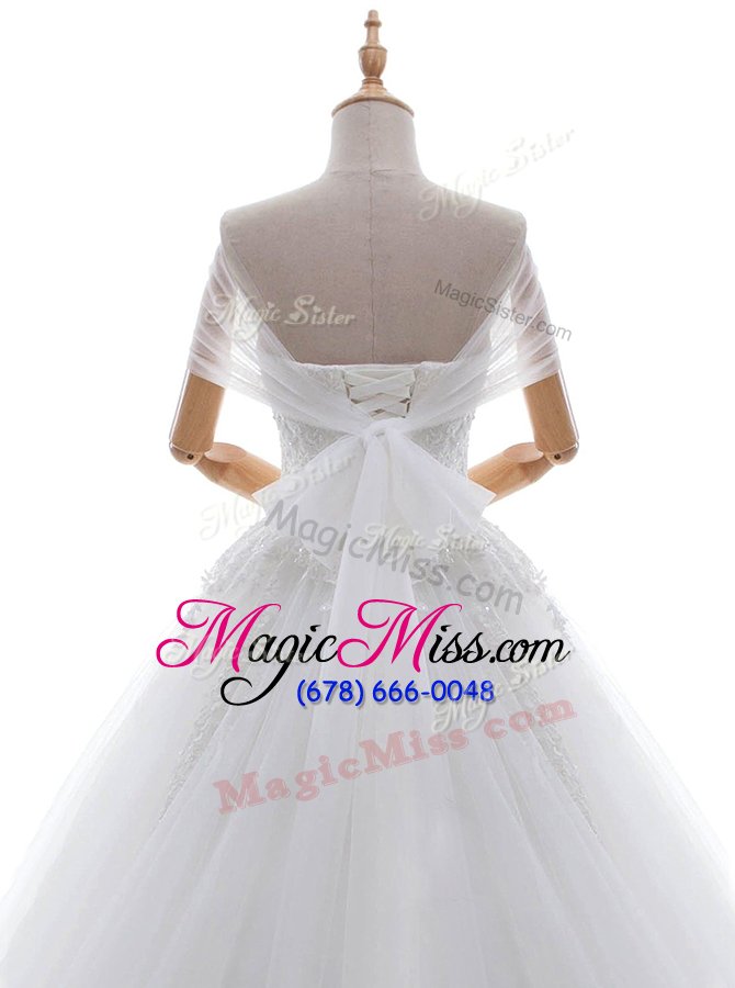 wholesale white lace up wedding gowns lace and bowknot cap sleeves with train court train