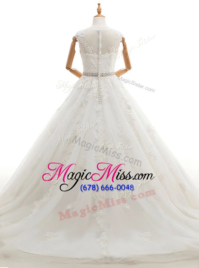 wholesale superior white a-line scoop sleeveless tulle with brush train clasp handle lace and appliques bridal gown