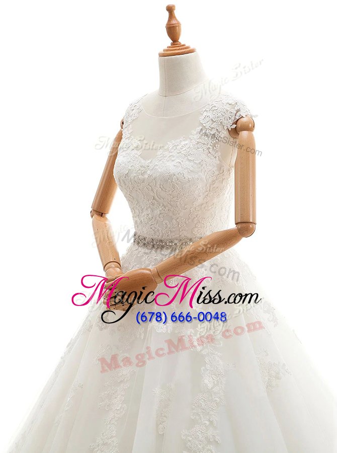 wholesale superior white a-line scoop sleeveless tulle with brush train clasp handle lace and appliques bridal gown