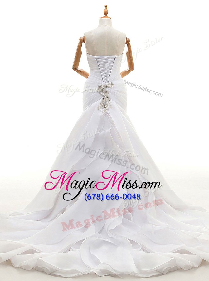 wholesale affordable white organza lace up sweetheart sleeveless with train wedding dresses court train beading and ruffles