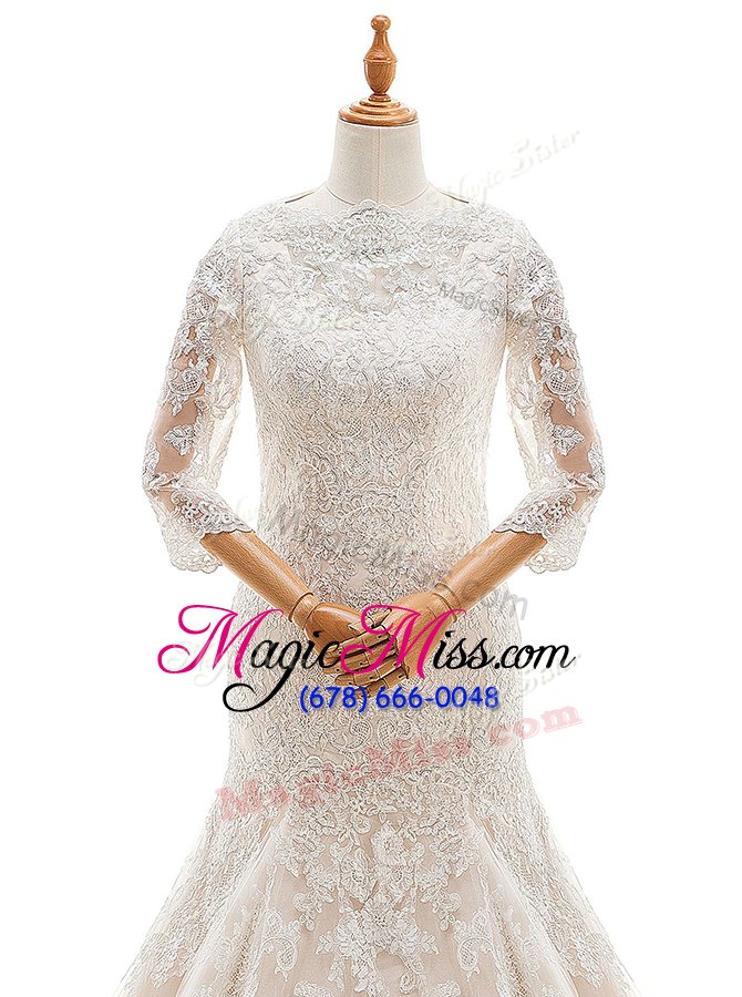wholesale affordable mermaid white 3|4 length sleeve court train lace and ruffled layers with train wedding dresses