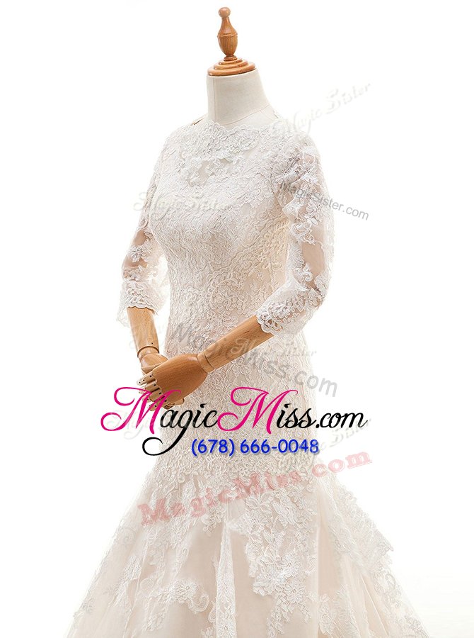 wholesale affordable mermaid white 3|4 length sleeve court train lace and ruffled layers with train wedding dresses