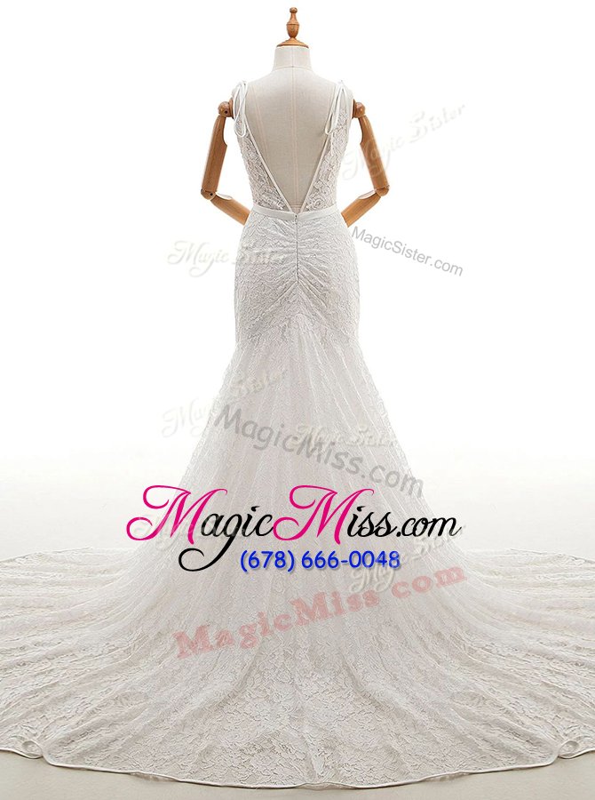 wholesale popular lace with train mermaid sleeveless white wedding gown court train backless