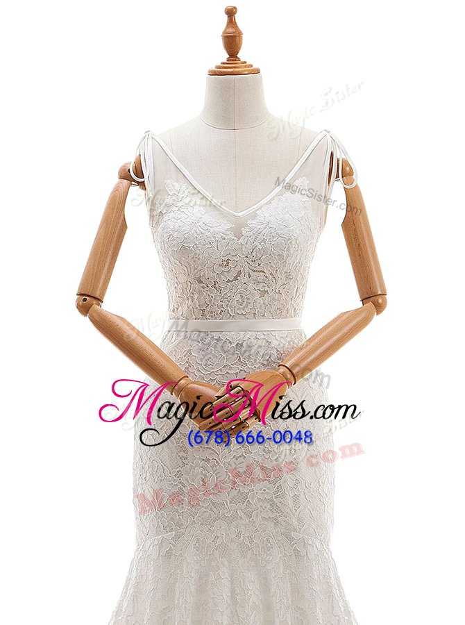 wholesale popular lace with train mermaid sleeveless white wedding gown court train backless